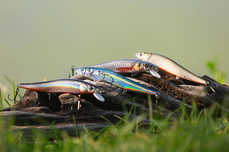 Cargue la imagen en el visor de la galería, Four fishing lures designed to look like small fish, displayed on a piece of driftwood outdoors with green grass in the foreground and a blurred background.