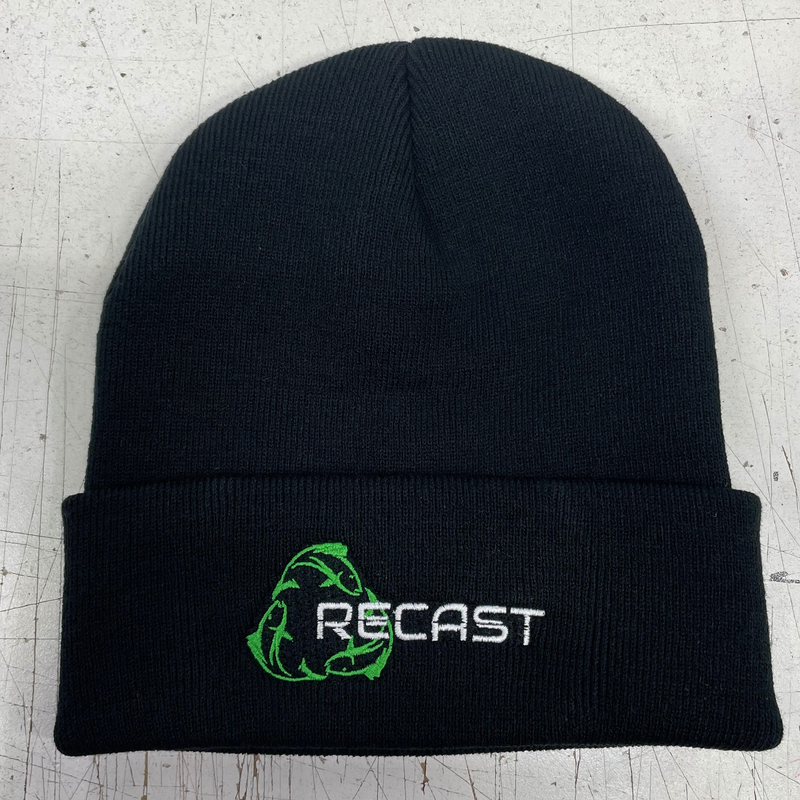 Load image into Gallery viewer, Black ReCast Fishing Recycled ocean plastic fishing lures toque tuque beanie with Green Fish Recycle Symbol logo