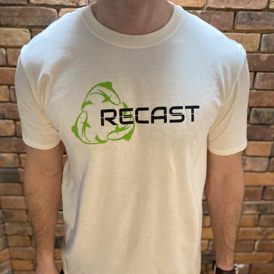Off-white or Natural ReCast Fishing Recycled ocean plastic fishing lures t-shirt tee shirt with Green Fish Recycle Symbol Logo centered