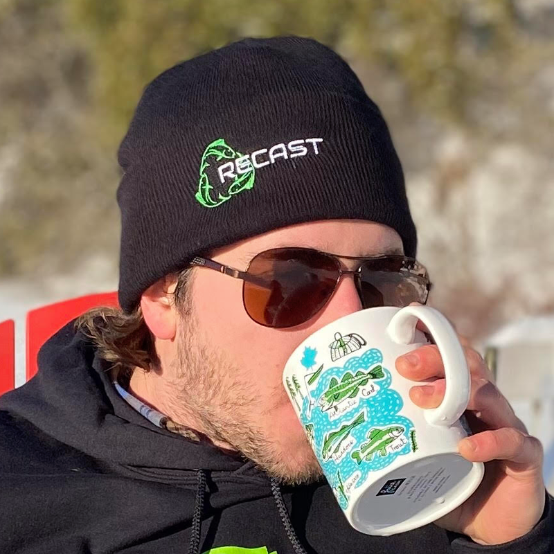 Load image into Gallery viewer, Black ReCast Fishing Recycled ocean plastic fishing lures toque tuque beanie with Green Fish Recycle Symbol logo