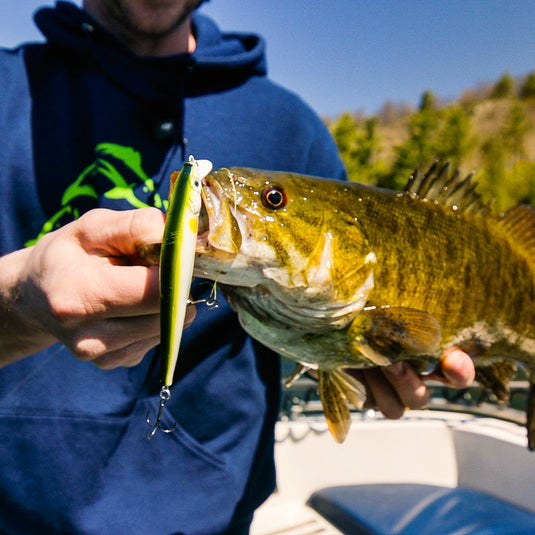 A man on a boat wearing a navy blue hoodie holds up a smallmouth bass while it bites a green and yellow fishing lure. The background shows a bright blue sky and distant trees.