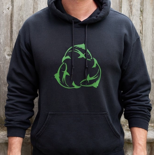 Black ReCast Fishing Recycled ocean plastic fishing lures hoodie sweater jumper with centered crest Green Fish Recycle Symbol logo, White Recast text on sleeve