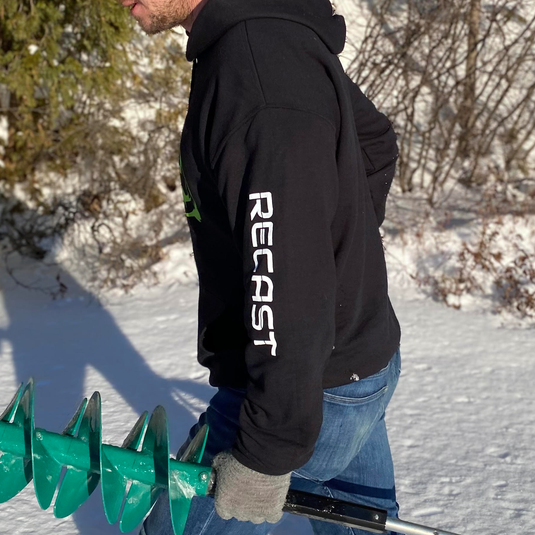 Black ReCast Fishing Recycled ocean plastic fishing lures hoodie with centered crest Green Fish Recycle Symbol logo, White Recast text on sleeve