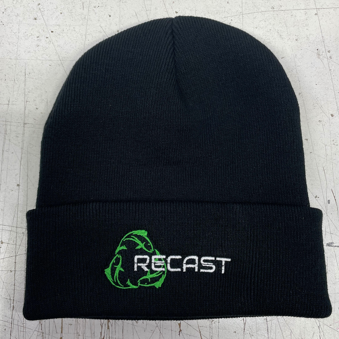 Black ReCast Fishing Recycled ocean plastic fishing lures toque tuque beanie with Green Fish Recycle Symbol logo 