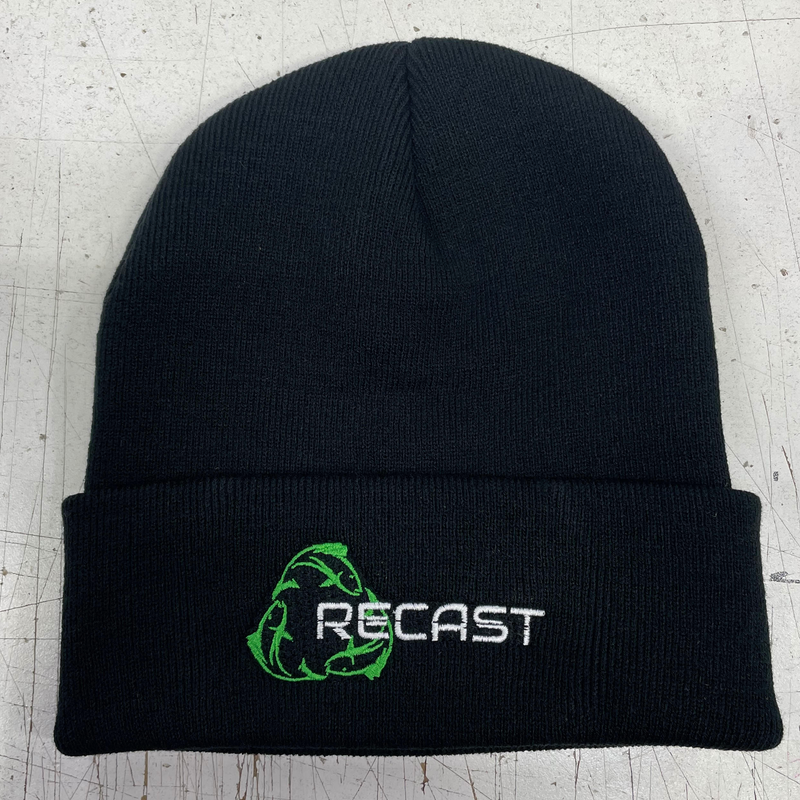 Load image into Gallery viewer, Black ReCast Fishing Recycled ocean plastic fishing lures toque tuque beanie with Green Fish Recycle Symbol logo 

