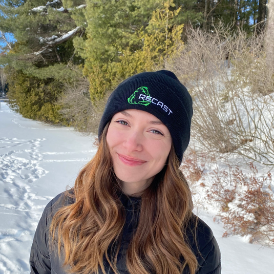 Black ReCast Fishing Recycled ocean plastic fishing lures toque tuque beanie with Green Fish Recycle Symbol logo 
